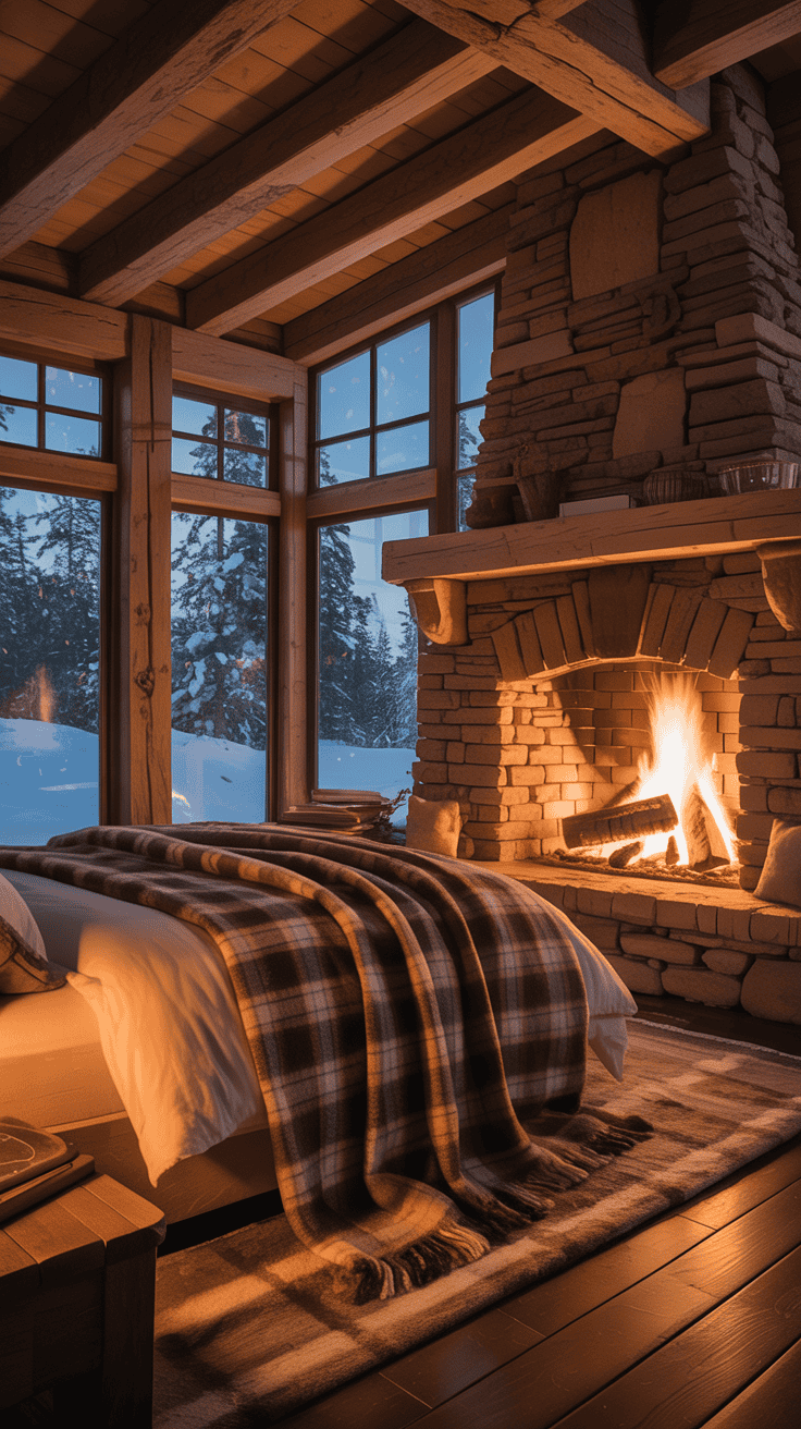 Cozy cabin bedroom with a grand fireplace and winter scenery outside.