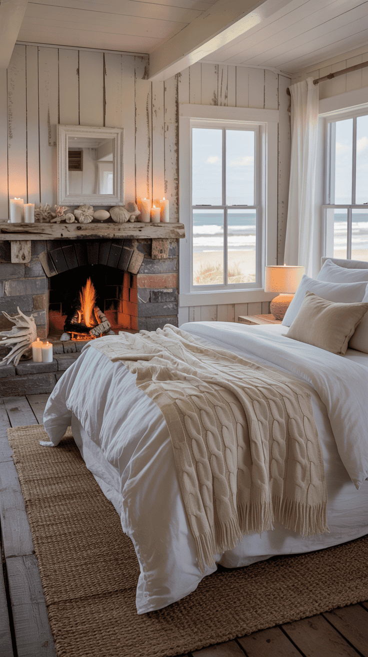 Cozy coastal cabin bedroom featuring a beachy fireplace and light decor.