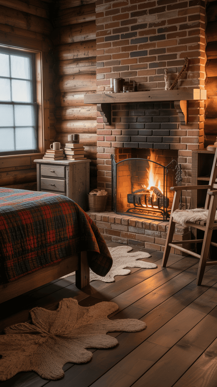 Cozy cabin bedroom with a brick fireplace and rustic decor.