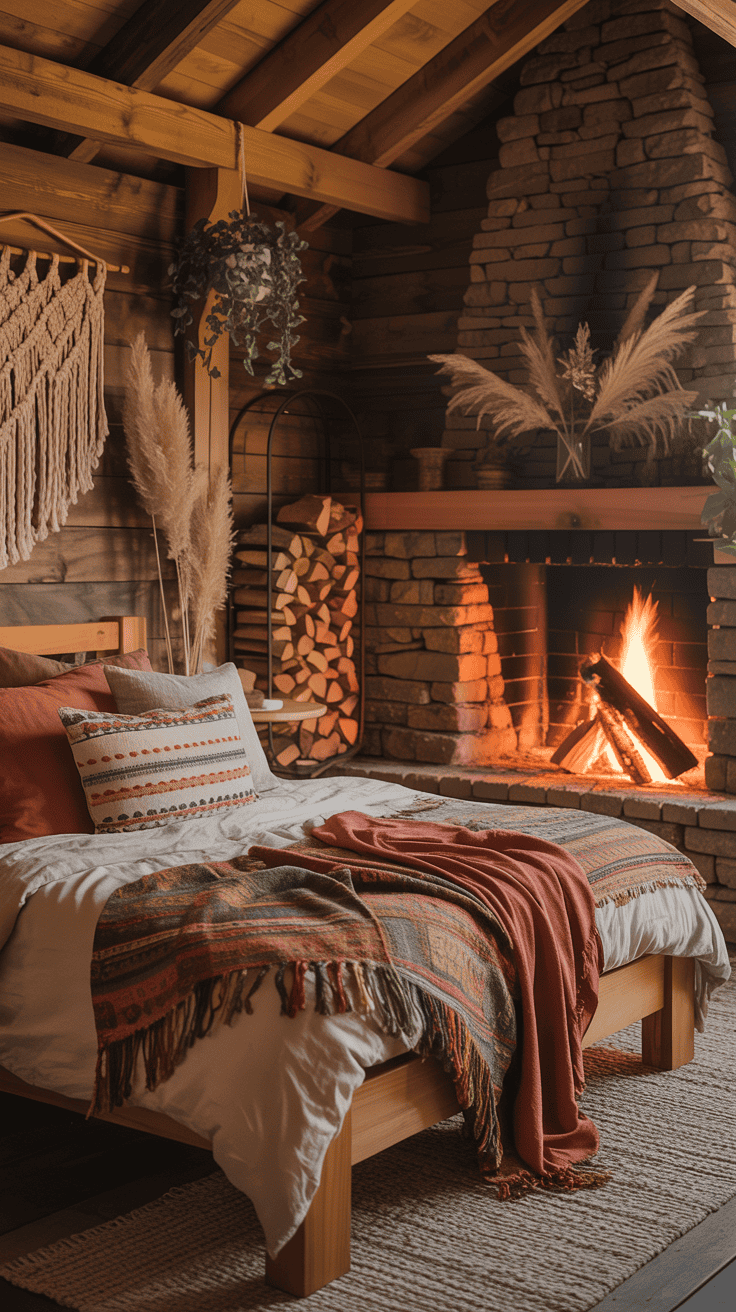 Cozy cabin bedroom featuring a fireplace, firewood rack, and bohemian decor.