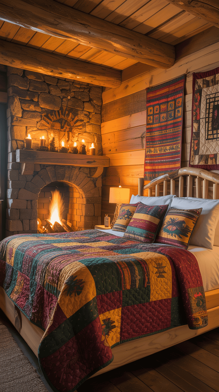 Cozy cabin bedroom with unique fireplace design and colorful decor