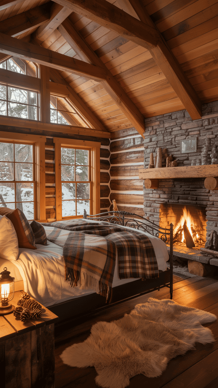 Cozy cabin bedroom with timber frame and central fireplace
