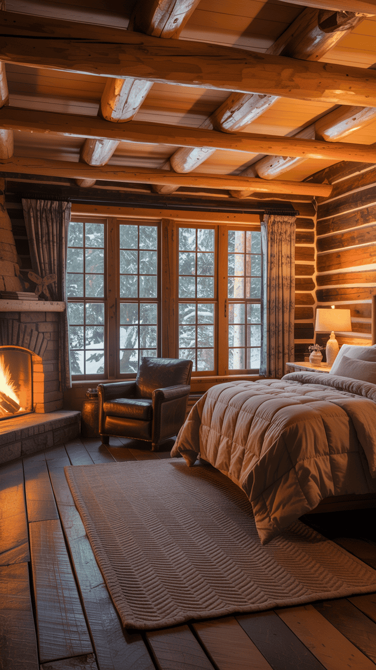 Cozy cabin bedroom featuring a corner fireplace, wooden walls, and large windows.