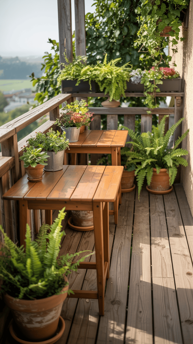 A rustic wooden balcony featuring two wooden tables, potted plants, and a natural wood railing.