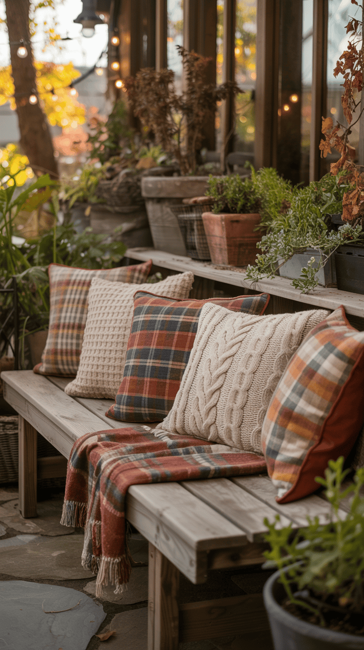 A cozy outdoor seating area with plaid and patterned pillows.