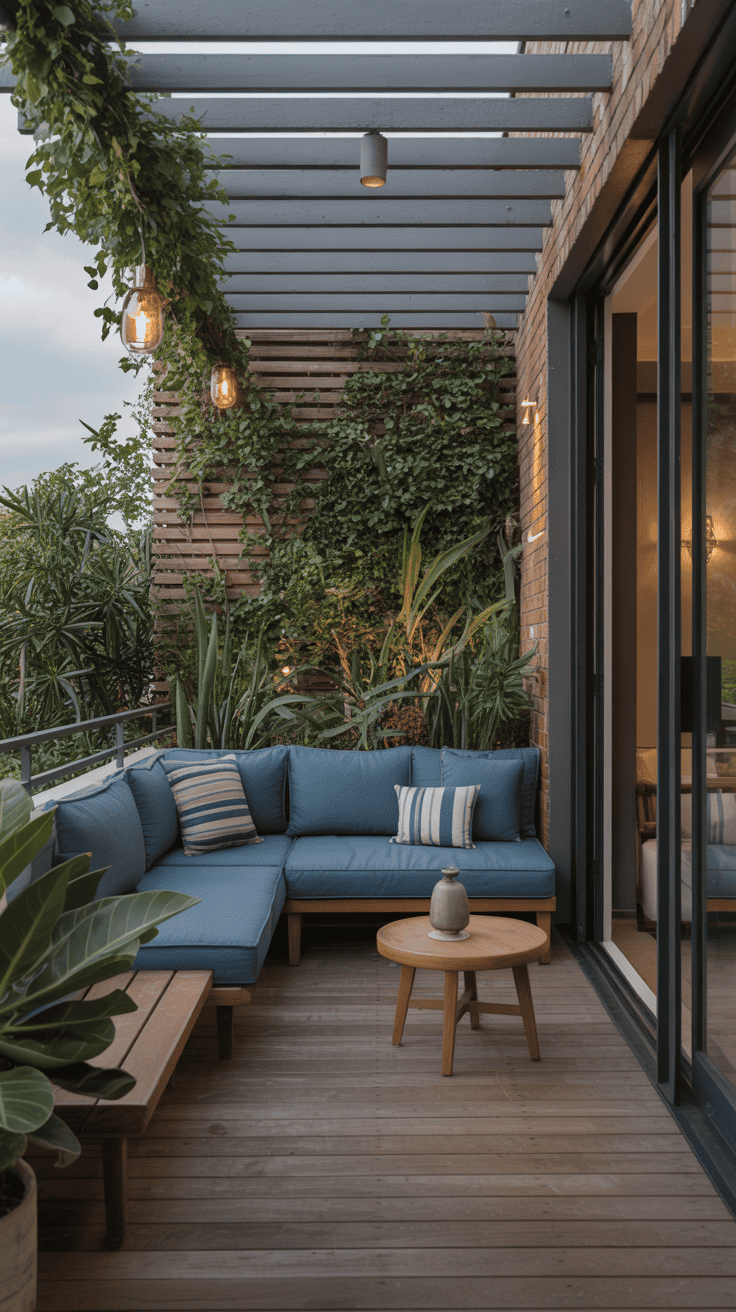A sophisticated balcony with deep blue seating, warm wood accents, and lush greenery.