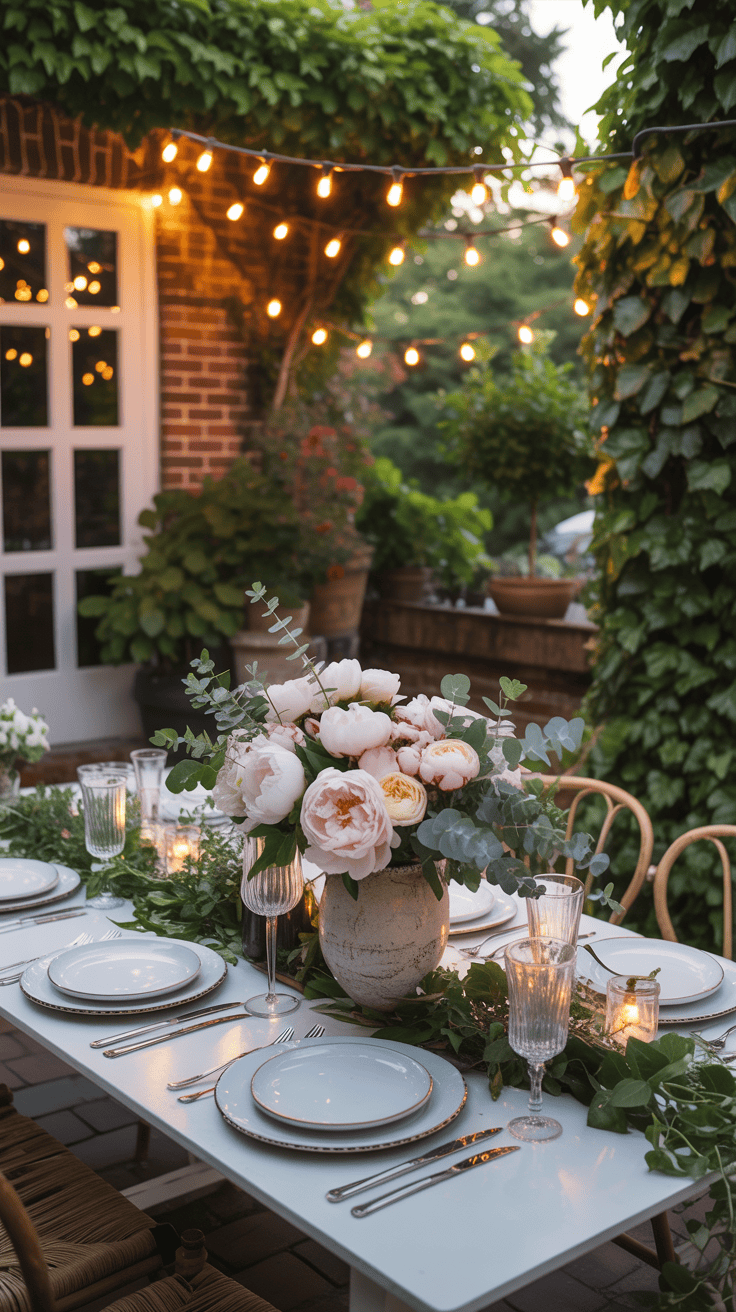 A beautifully set dining table with a floral centerpiece in a small outdoor space.