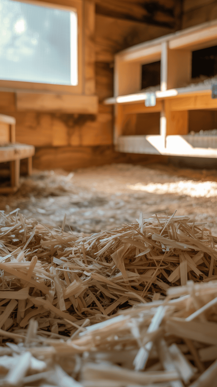 Pine shavings used as safe bedding inside a clean chicken coop.