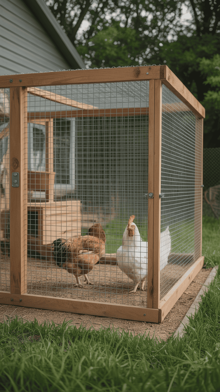Hardware cloth securely installed around a chicken run for predator protection.