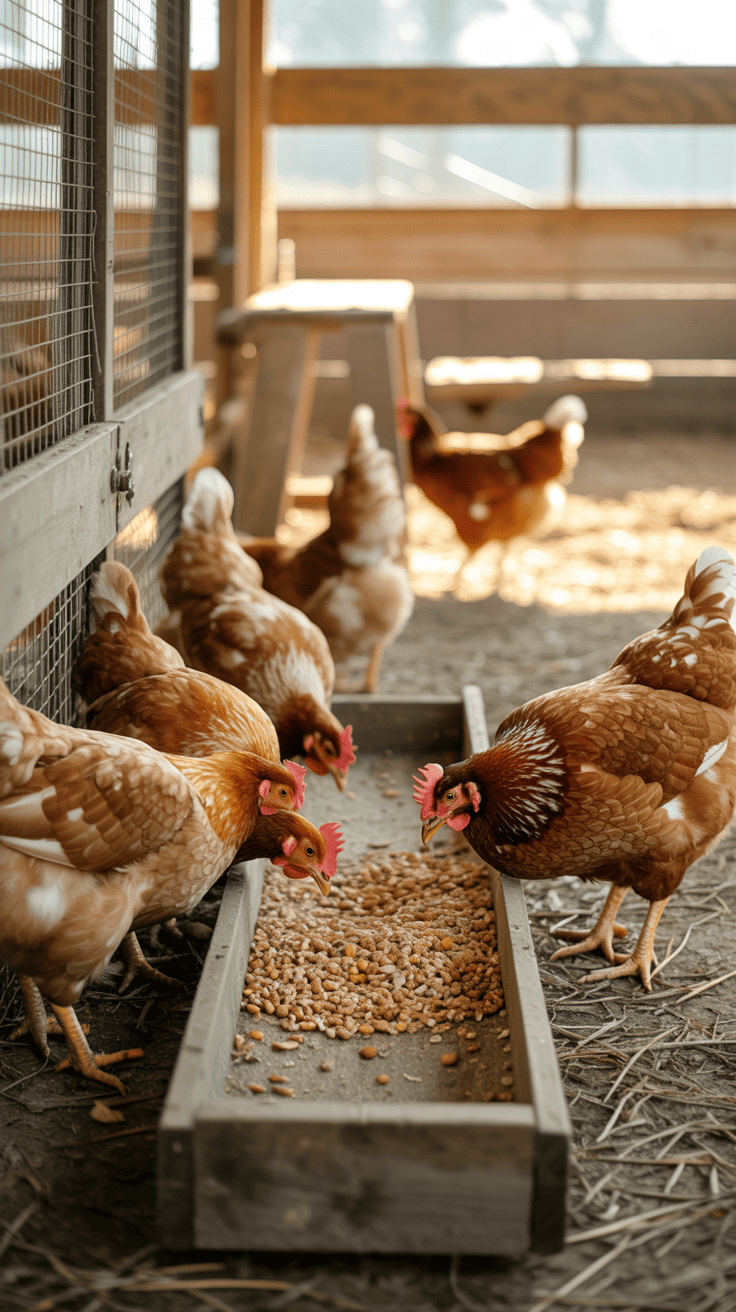 Chickens eating a balanced feed from a clean feeder.