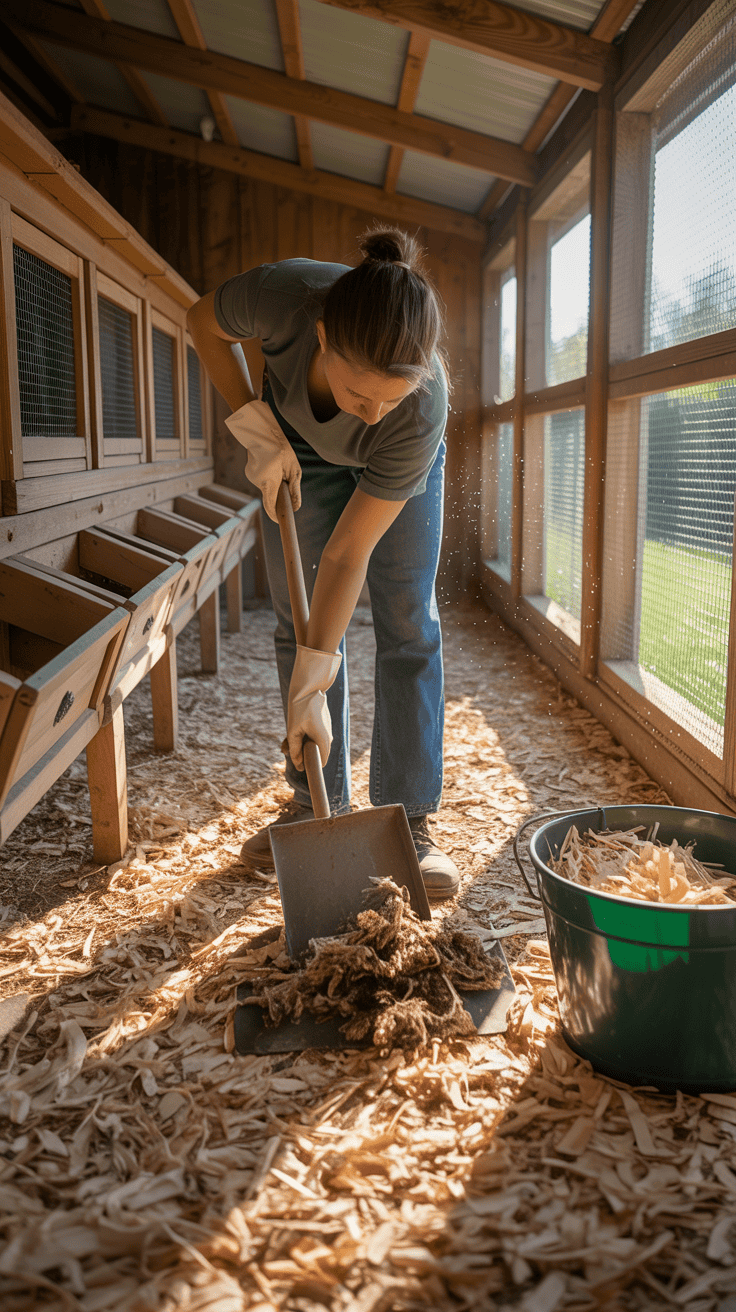 Chicken coop being cleaned and refreshed with new bedding.
