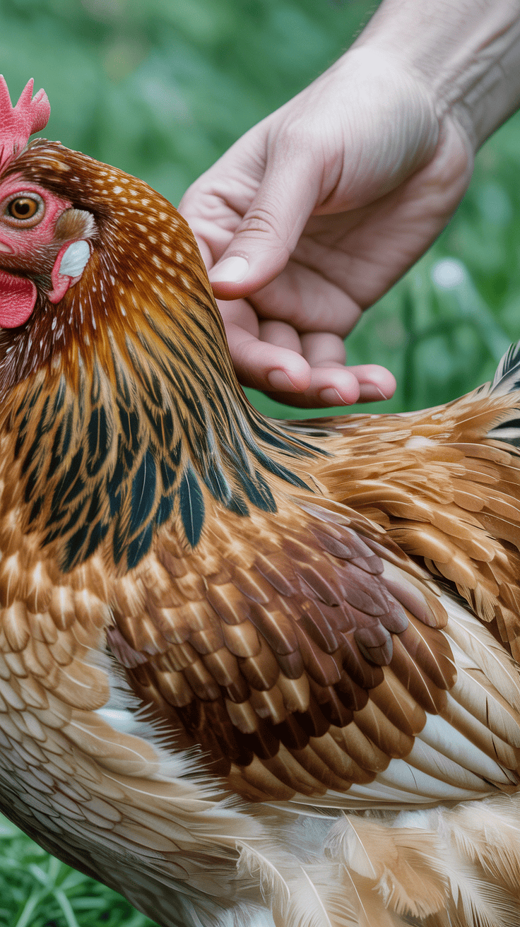 Chicken feathers being checked for mites or lice.