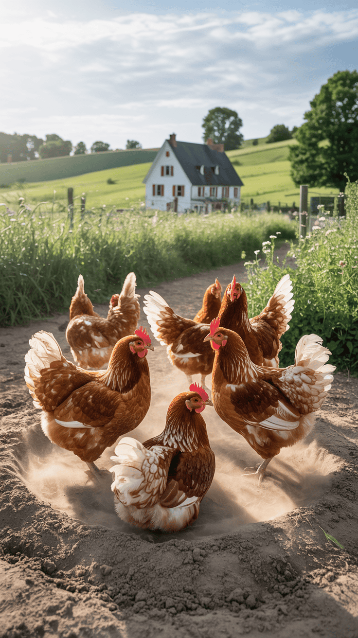 Chickens enjoying a natural dust bath to prevent parasites.