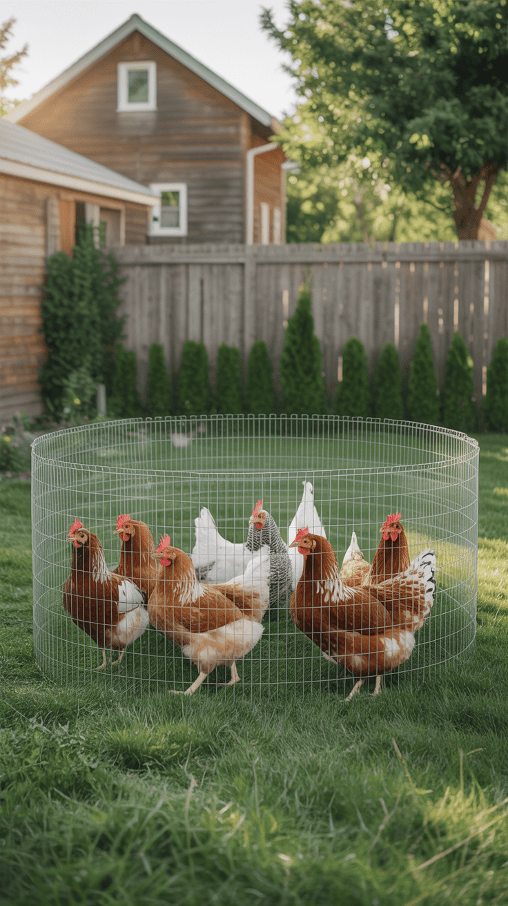 Chickens free-ranging safely inside portable fencing.