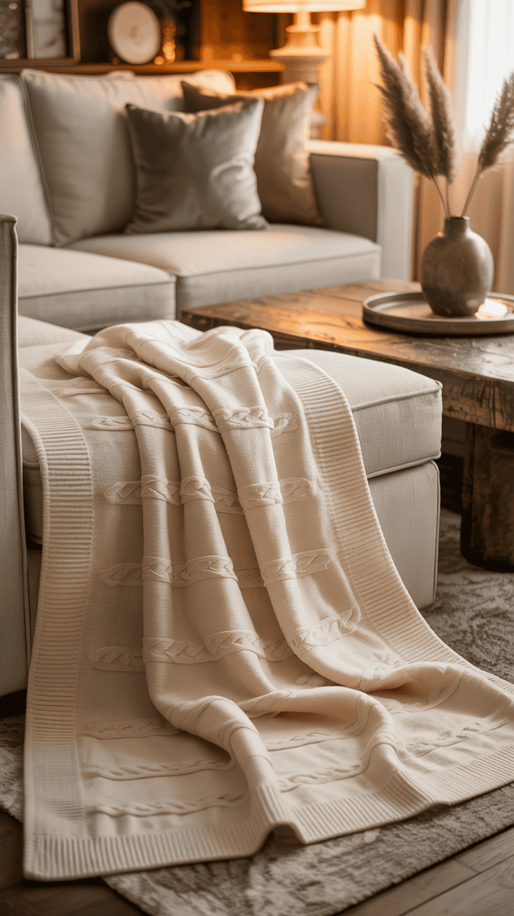 Soft neutral throw blanket styled in a cozy living room.