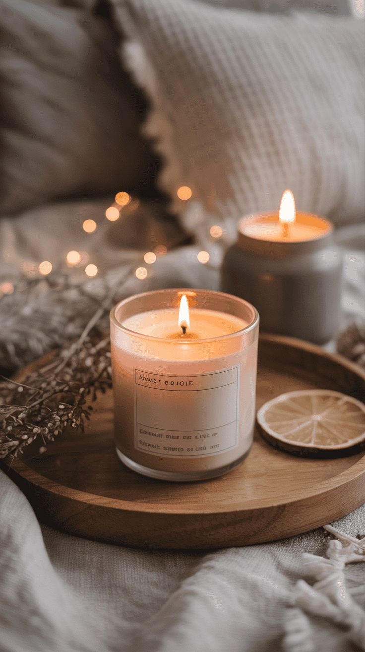 Minimalist scented candle glowing softly on a wooden tray.