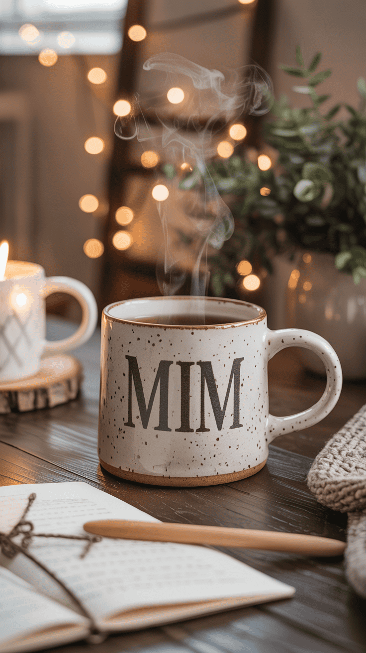 Personalized ceramic mug with steam rising.