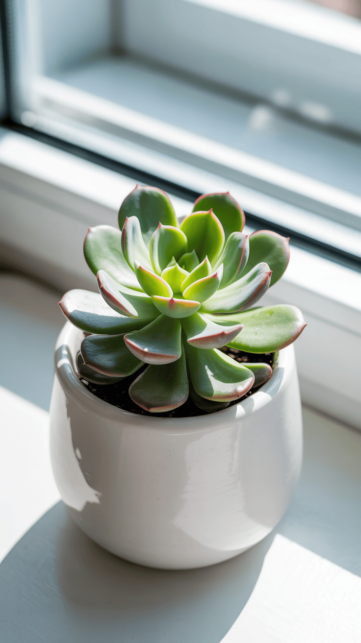 Mini succulent plant in a ceramic pot on a windowsill.