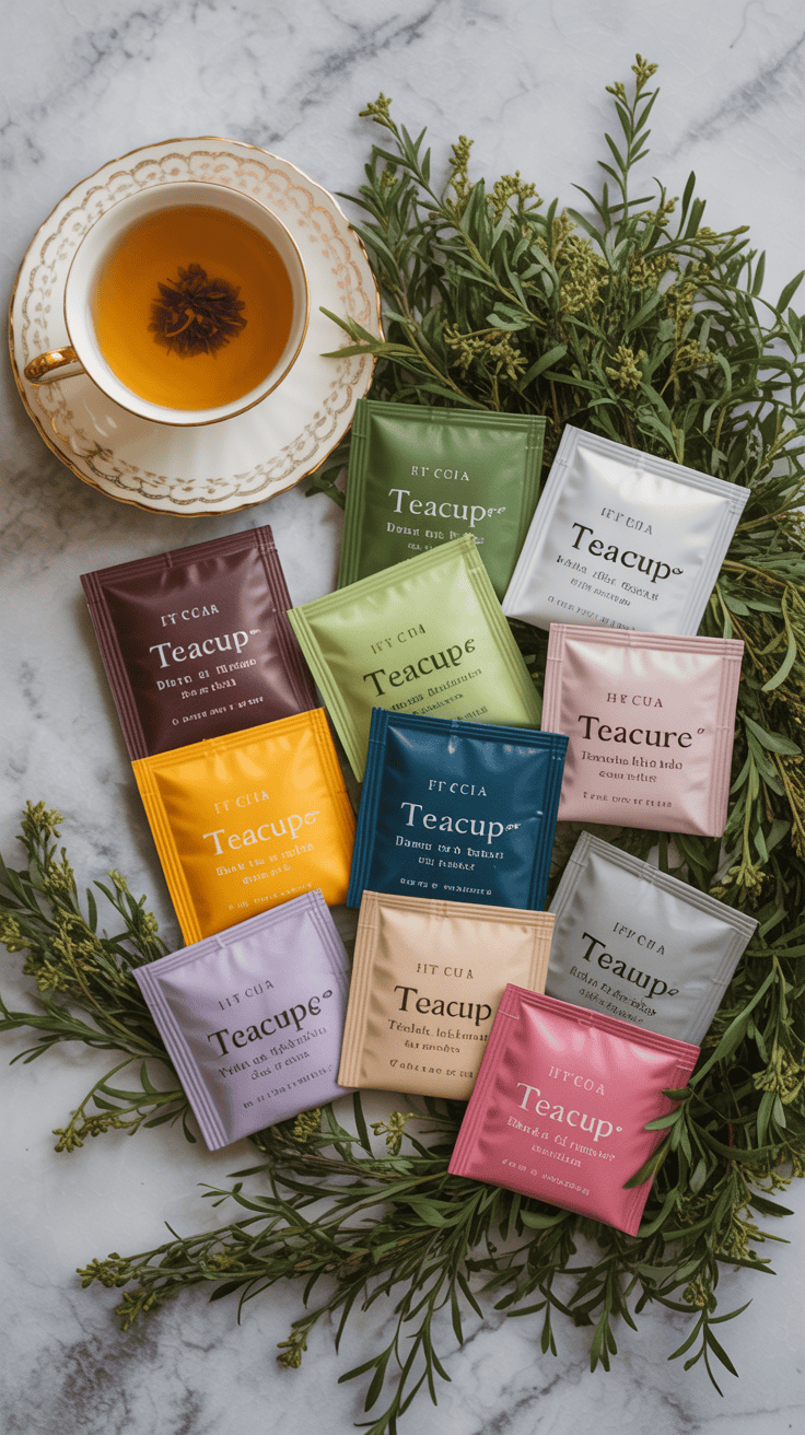 Assorted tea sampler displayed with teacup.