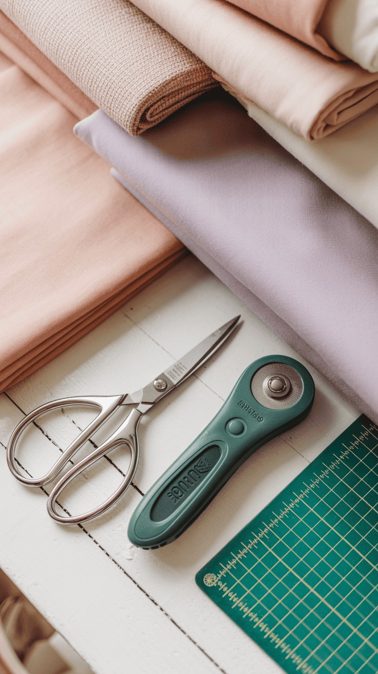 Fabric cutting essentials including scissors, rotary cutter, and cutting mat on a neutral workspace.