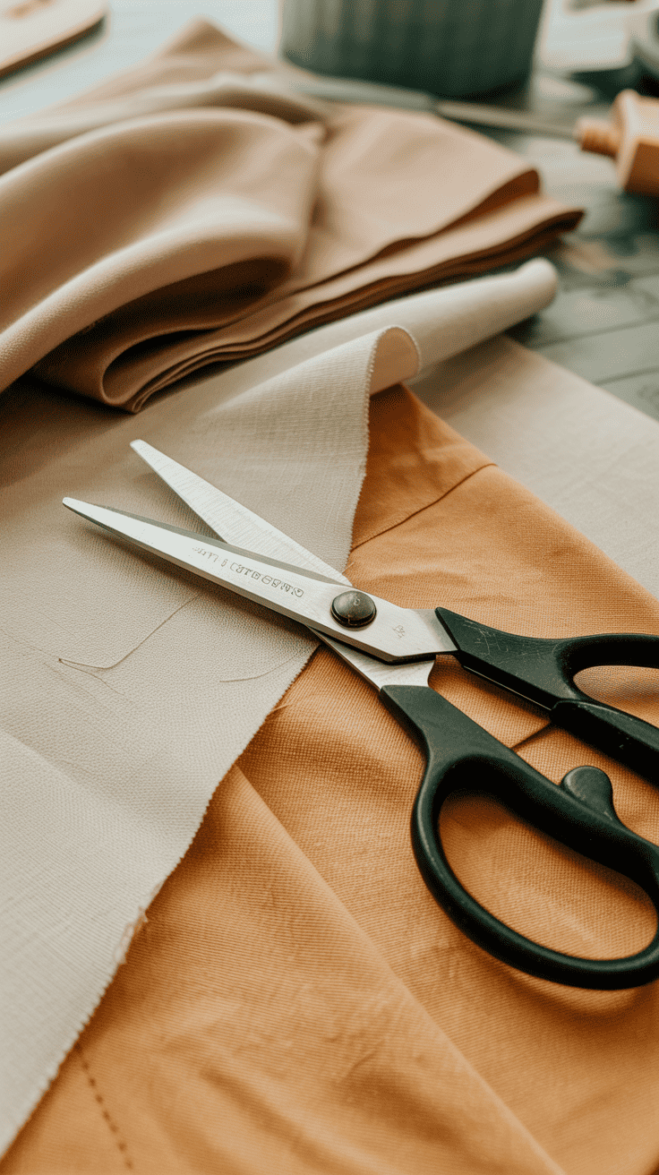 Sharp fabric scissors cutting through cloth on a sewing table.