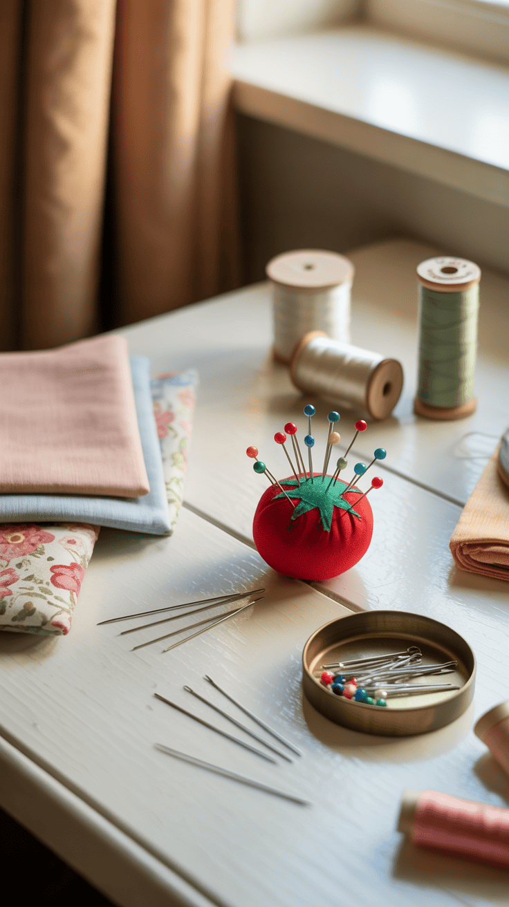 Glass-head pins, pin cushion, and magnetic dish used for sewing.