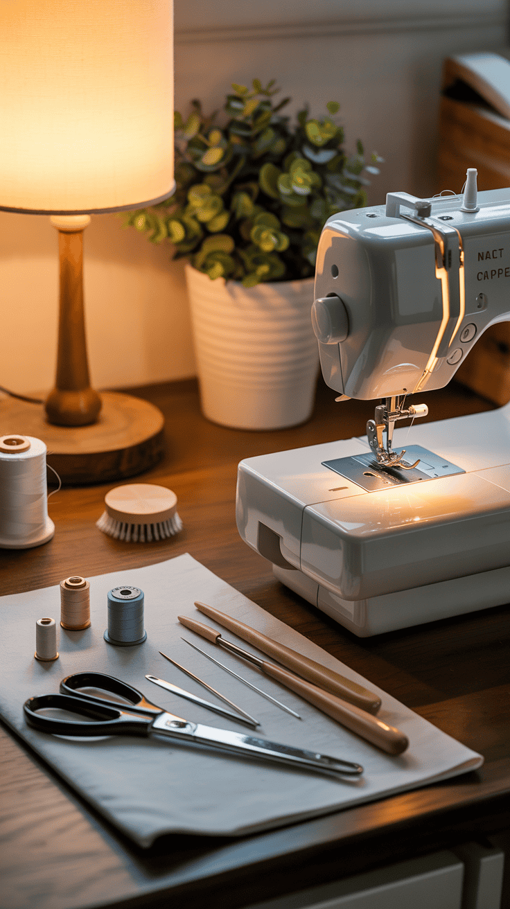 Sewing machine tools including needles, bobbins, and seam ripper arranged beside a sewing machine.