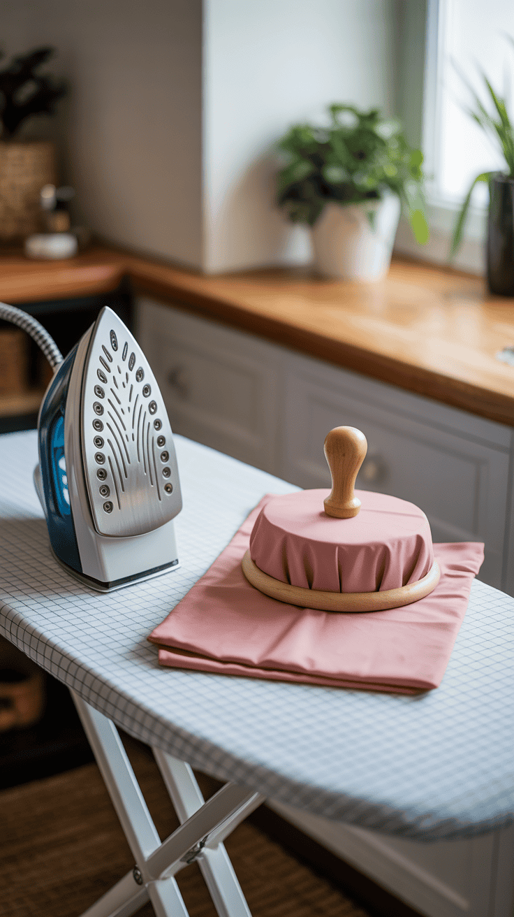 Pressing tools including iron, cloth, and tailor’s ham.