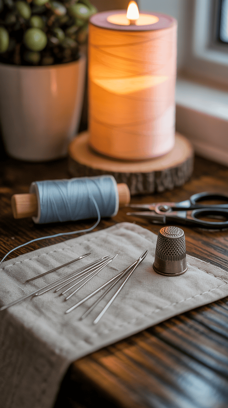 Hand sewing tools including needles, threader, and thimble.