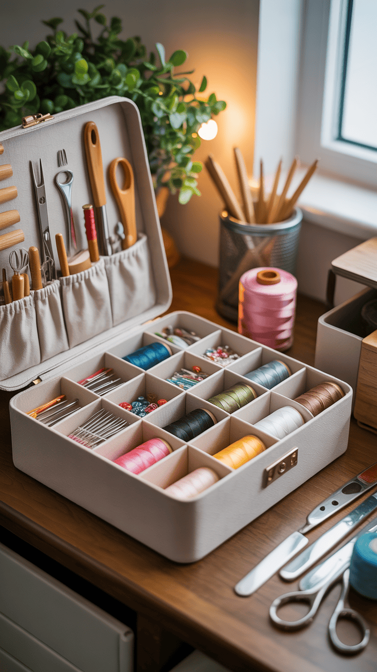 Sewing organiser box with compartments filled with tools and threads.