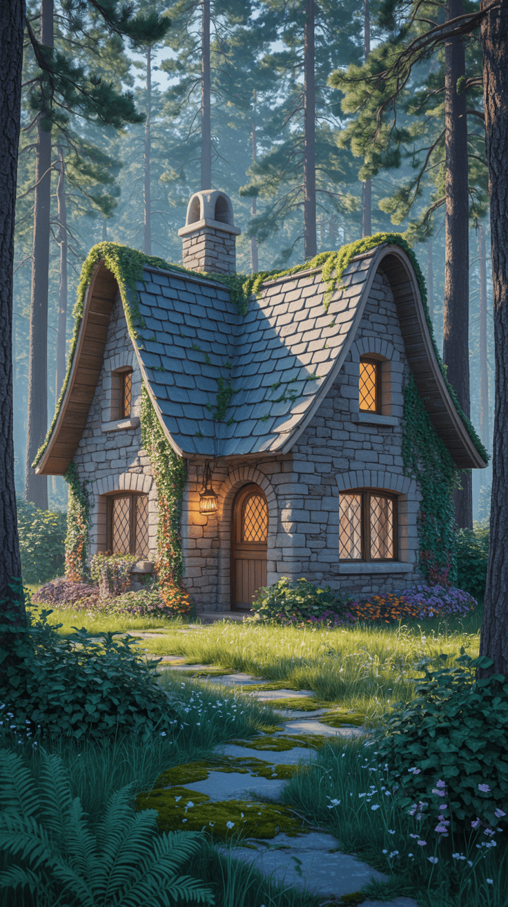 Whimsical stone cottage with curved roof, pine forest setting, warm lantern glow, enchanted fairytale mood, lush greenery