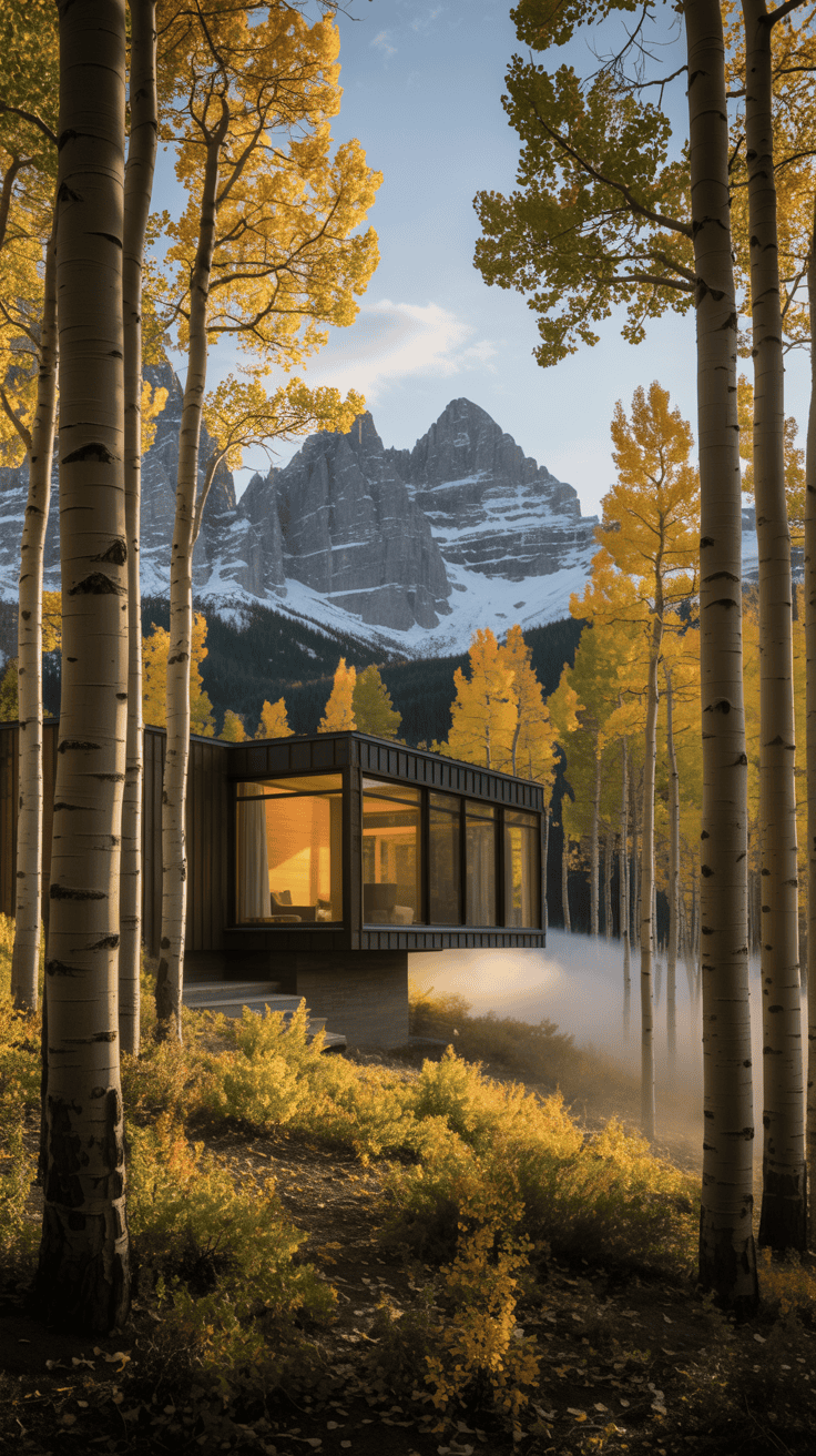 Modern cabin surrounded by golden aspens, mountain backdrop, soft morning light, peaceful fairytale forest scene