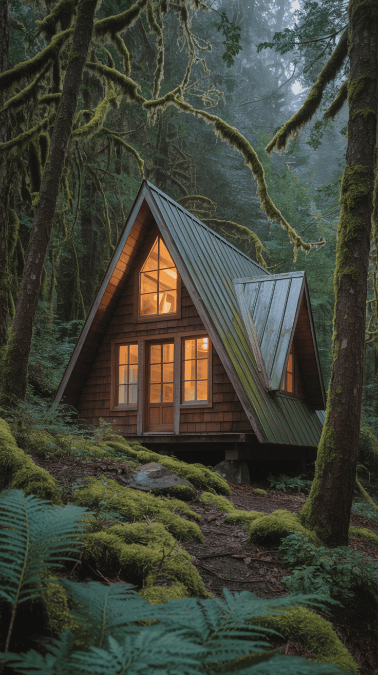 Mossy A-Frame Cabin — Washington
A-frame cabin in the mossy forests of Washington, warm glowing windows, misty Pacific Northwest atmosphere, enchanted woodland vibe