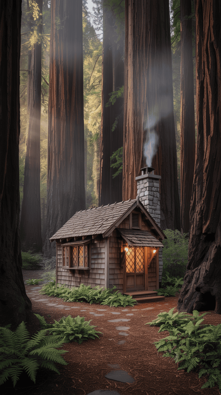 Rustic cabin under giant redwood trees in California, soft filtered light, magical forest atmosphere, cozy storybook charm