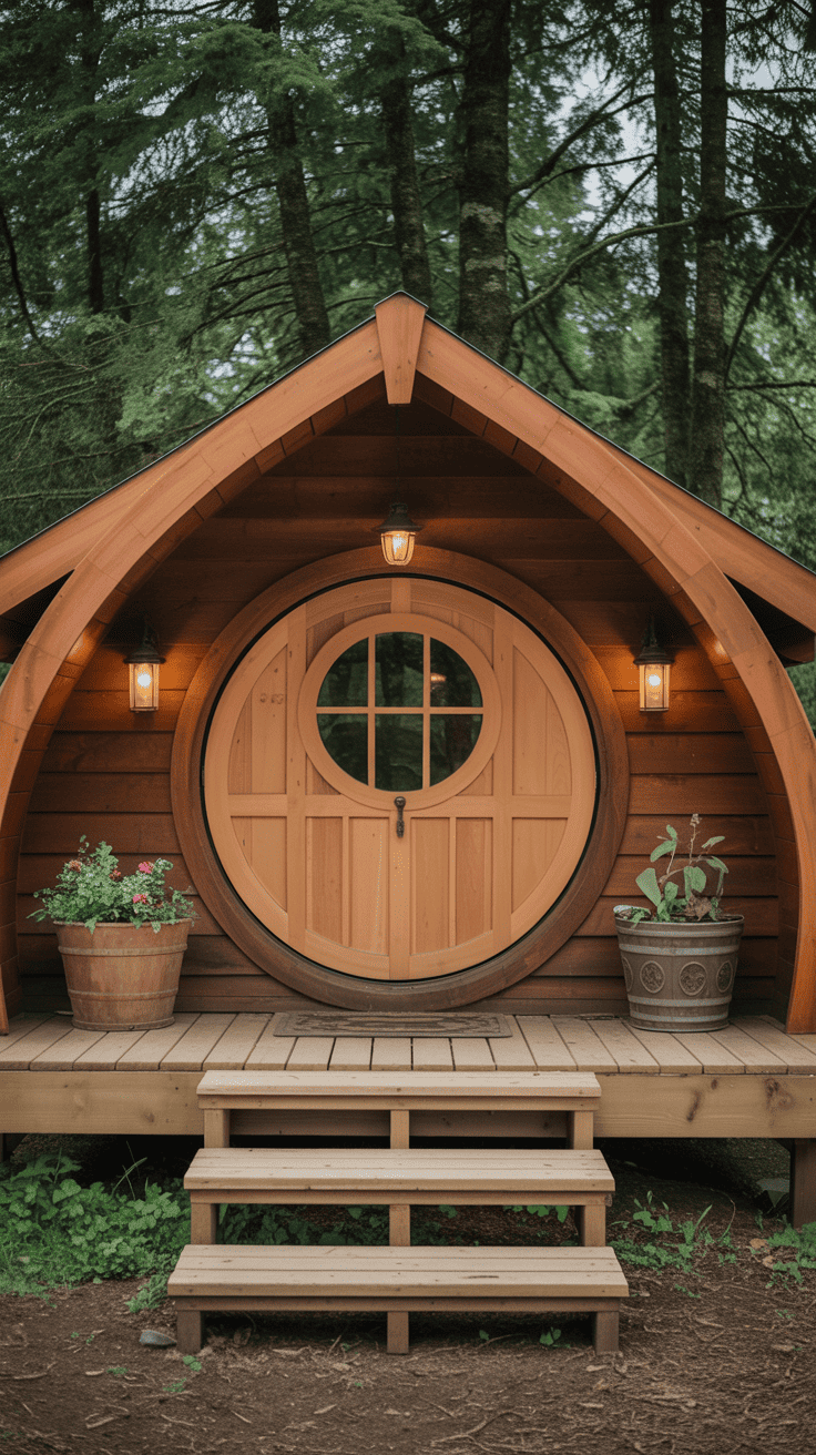 Cedar cabin with a round hobbit-style door in an Oregon forest, earthy surroundings, whimsical cozy cottage feel