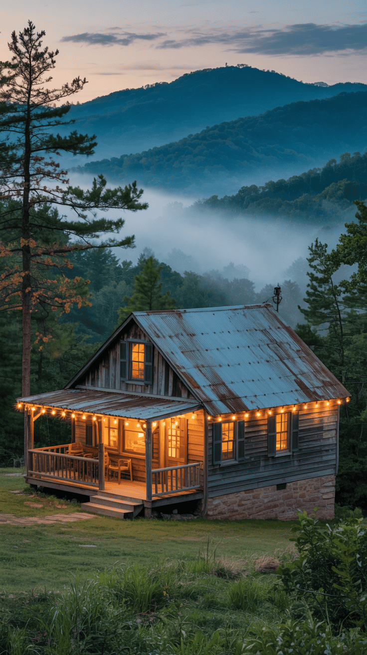 Timber cabin in the Smoky Mountains of Tennessee, string lights, mountain mist, warm inviting glow, rustic cabin-core mood