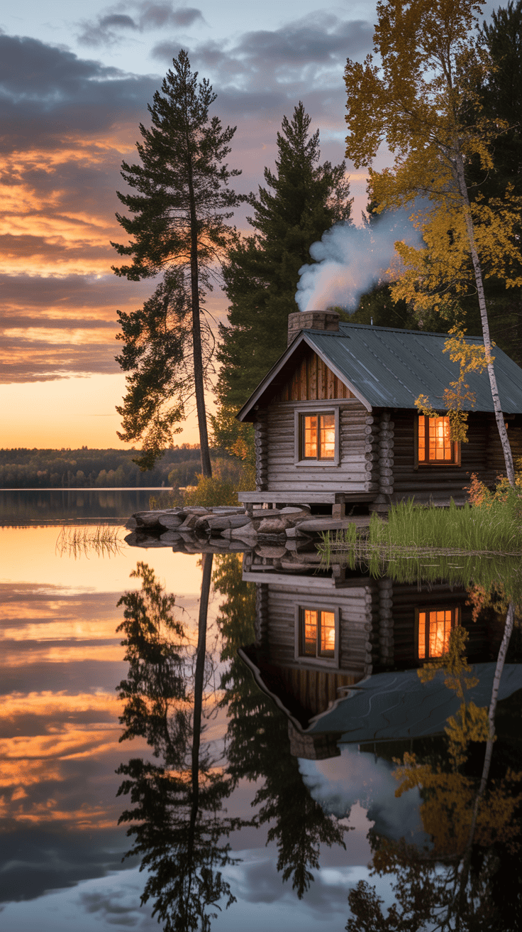 Glowing lakeside cabin in Minnesota at sunset, still reflective water, warm orange light, peaceful woodland serenity