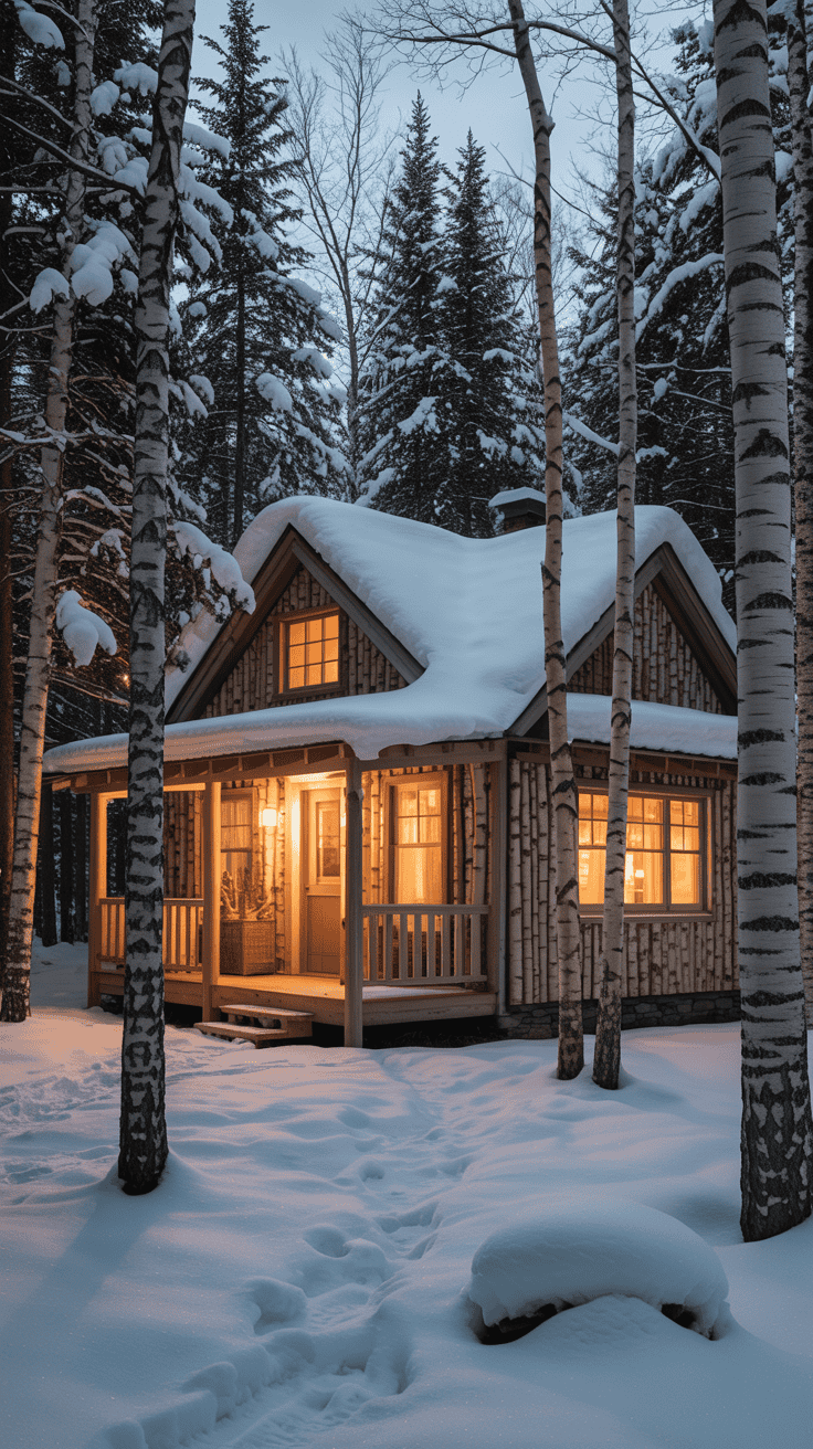 Birch-detailed bungalow in snowy Vermont woods, warm interior glow, charming winter fairytale vibe
