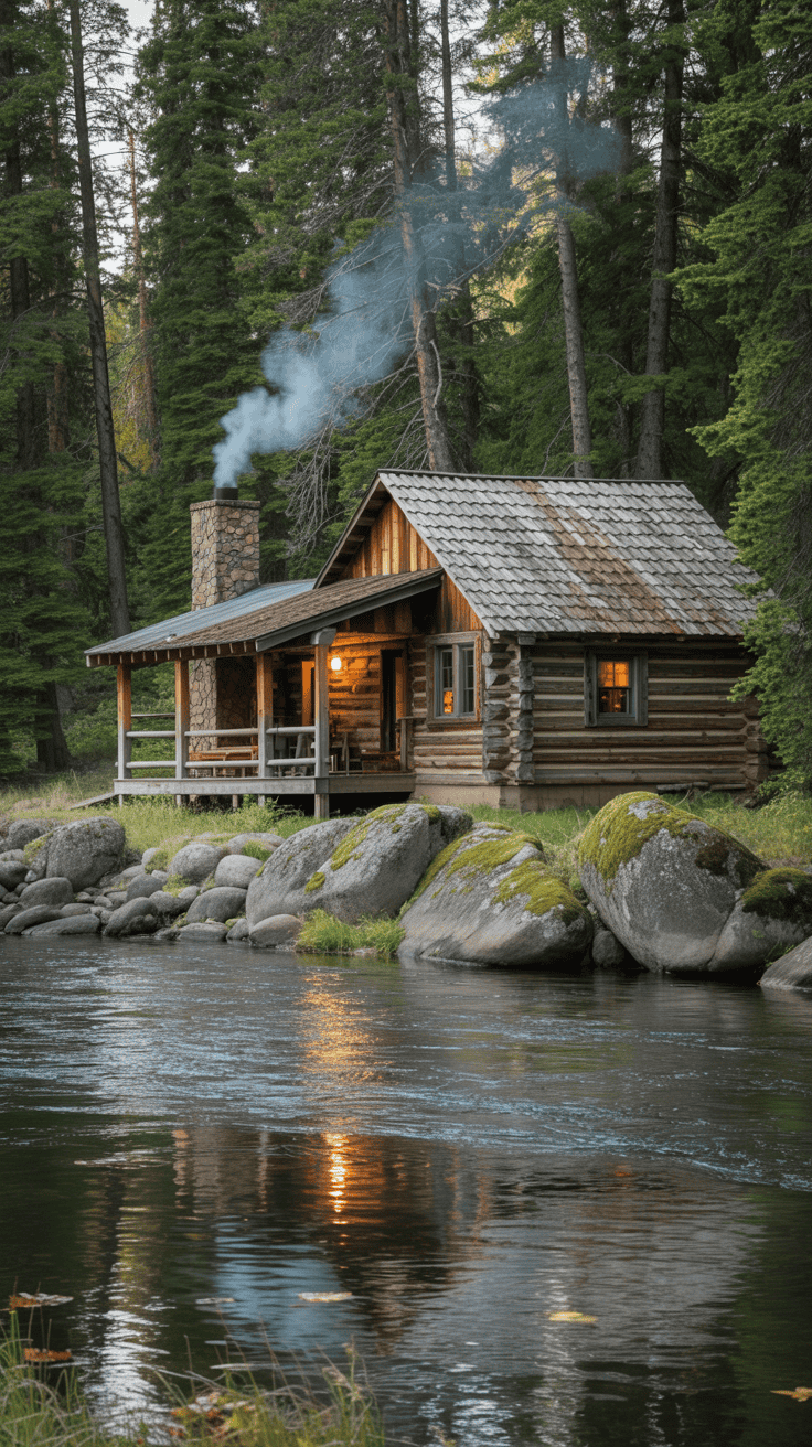 Cozy cabin beside a gentle river in Montana, mossy stones, pine trees, soft golden light, tranquil woodland scene
