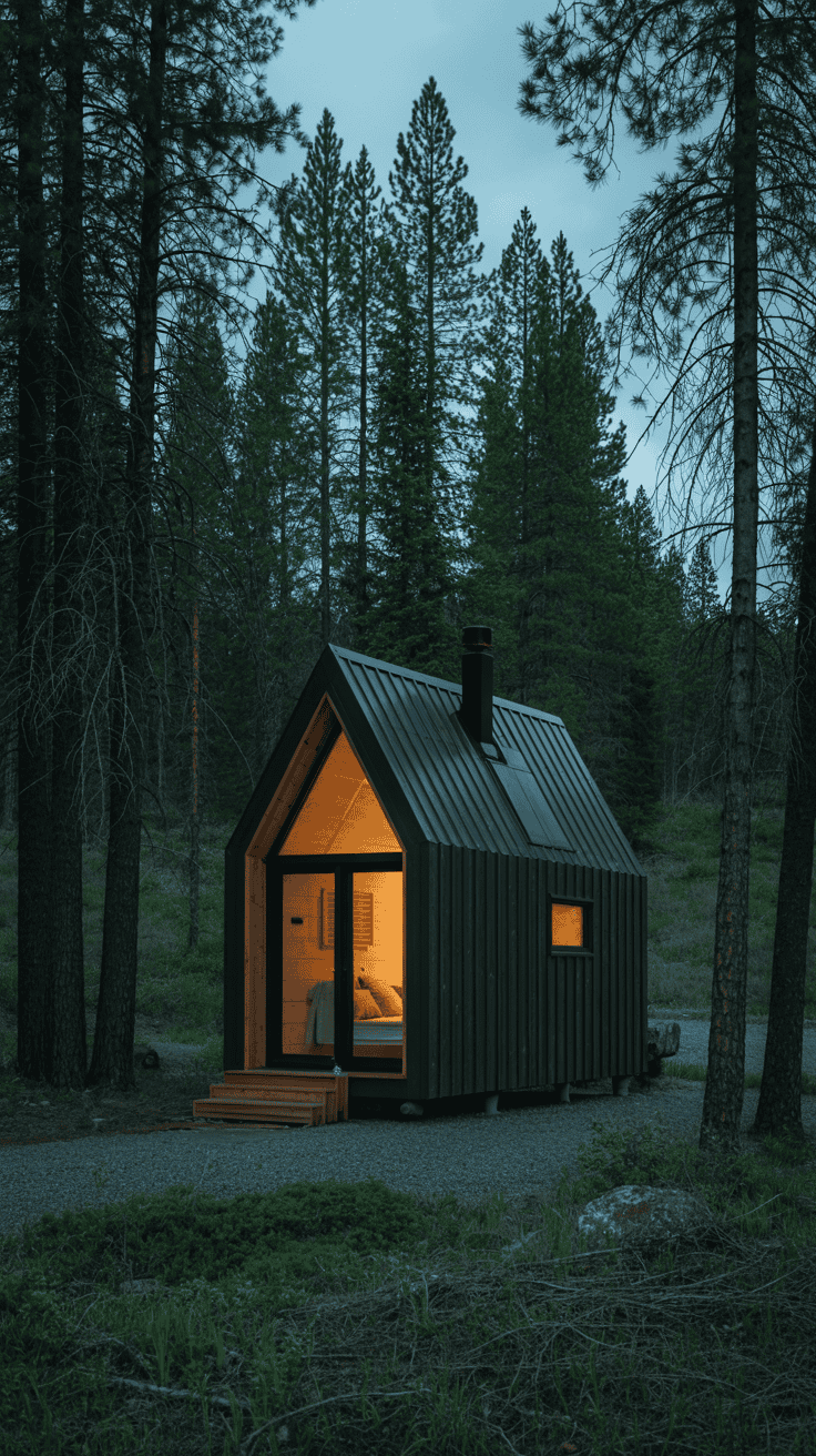 Tiny dark-wood cabin in the pine forests of Idaho at dusk, glowing windows, minimalist fairytale atmosphere