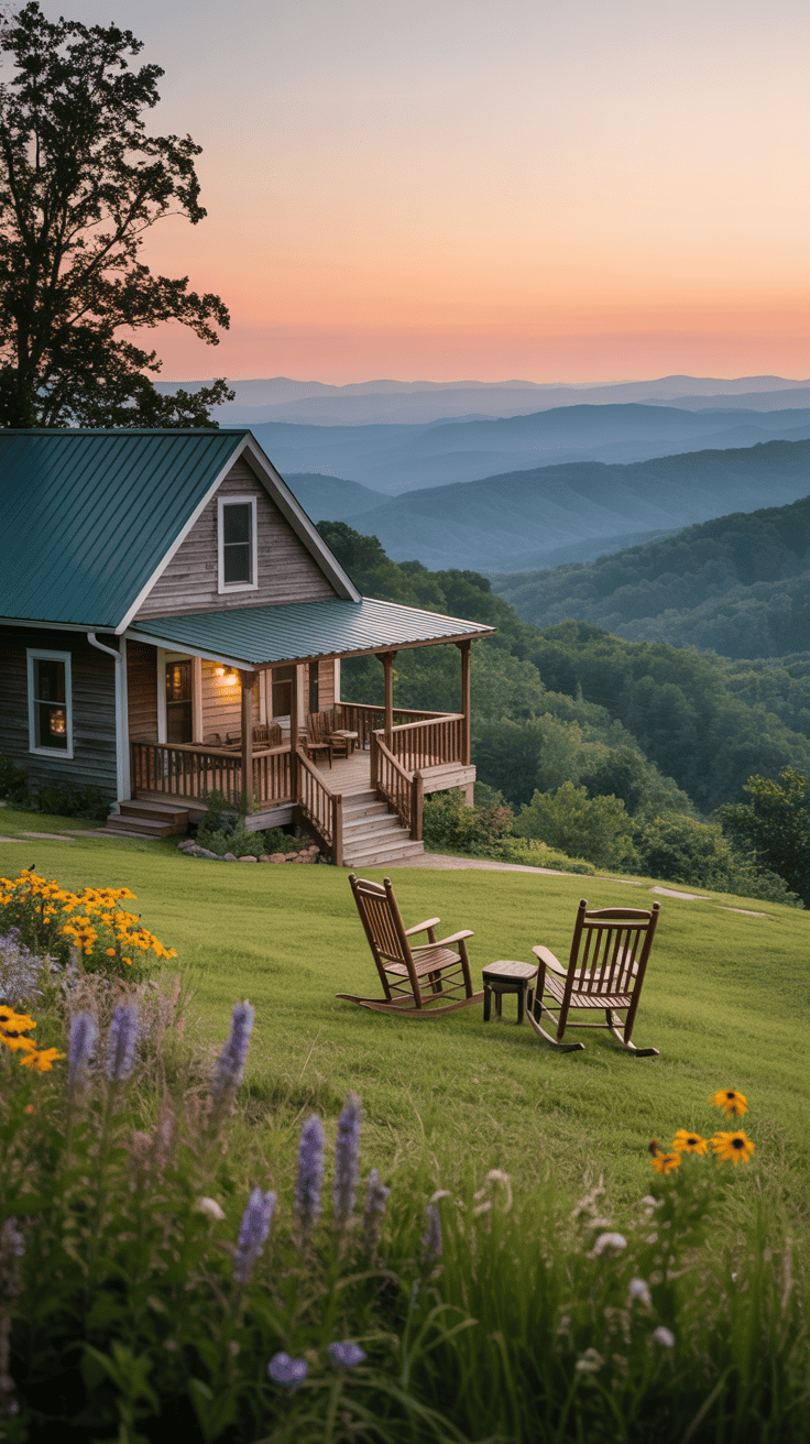 Cottage with rocking chairs and mountain views in the Blue Ridge region of Georgia, wildflowers, soft sunset lighting