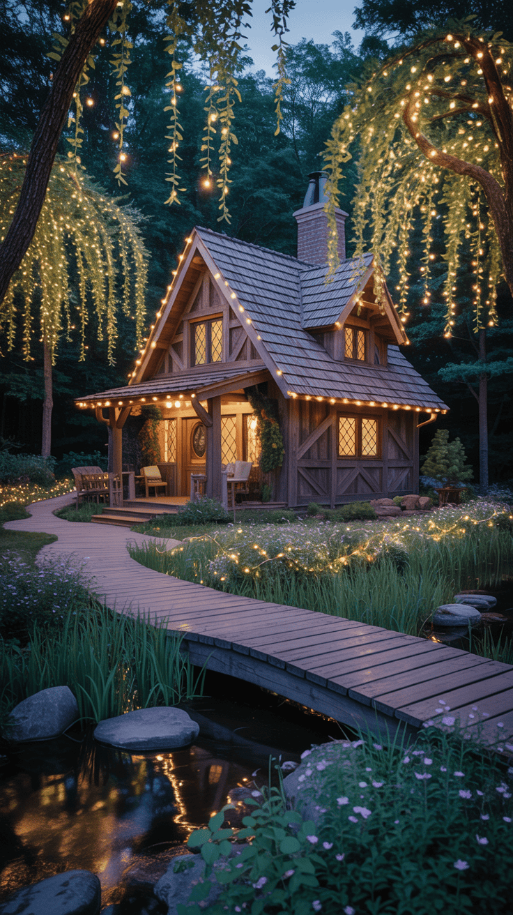 Fairytale-style cabin in Virginia with willow trees, twinkly lights, small footbridge, enchanted woodland setting