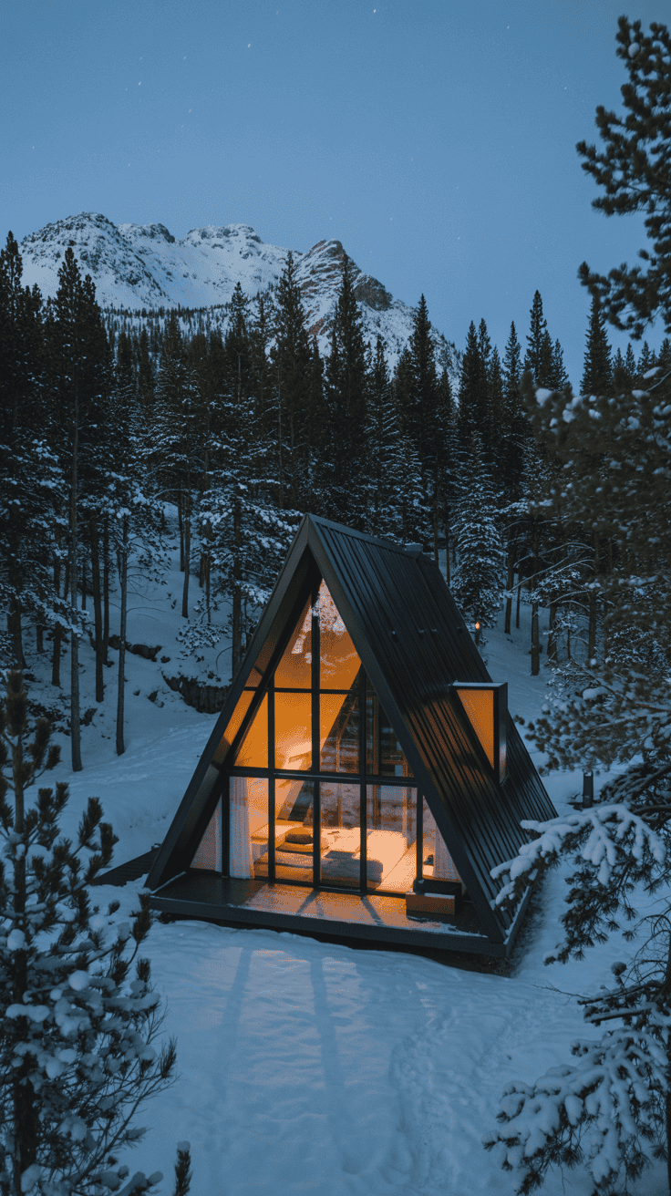 Modern A-frame cabin in the snowy mountains of Utah, large warm windows, serene minimalist alpine vibe