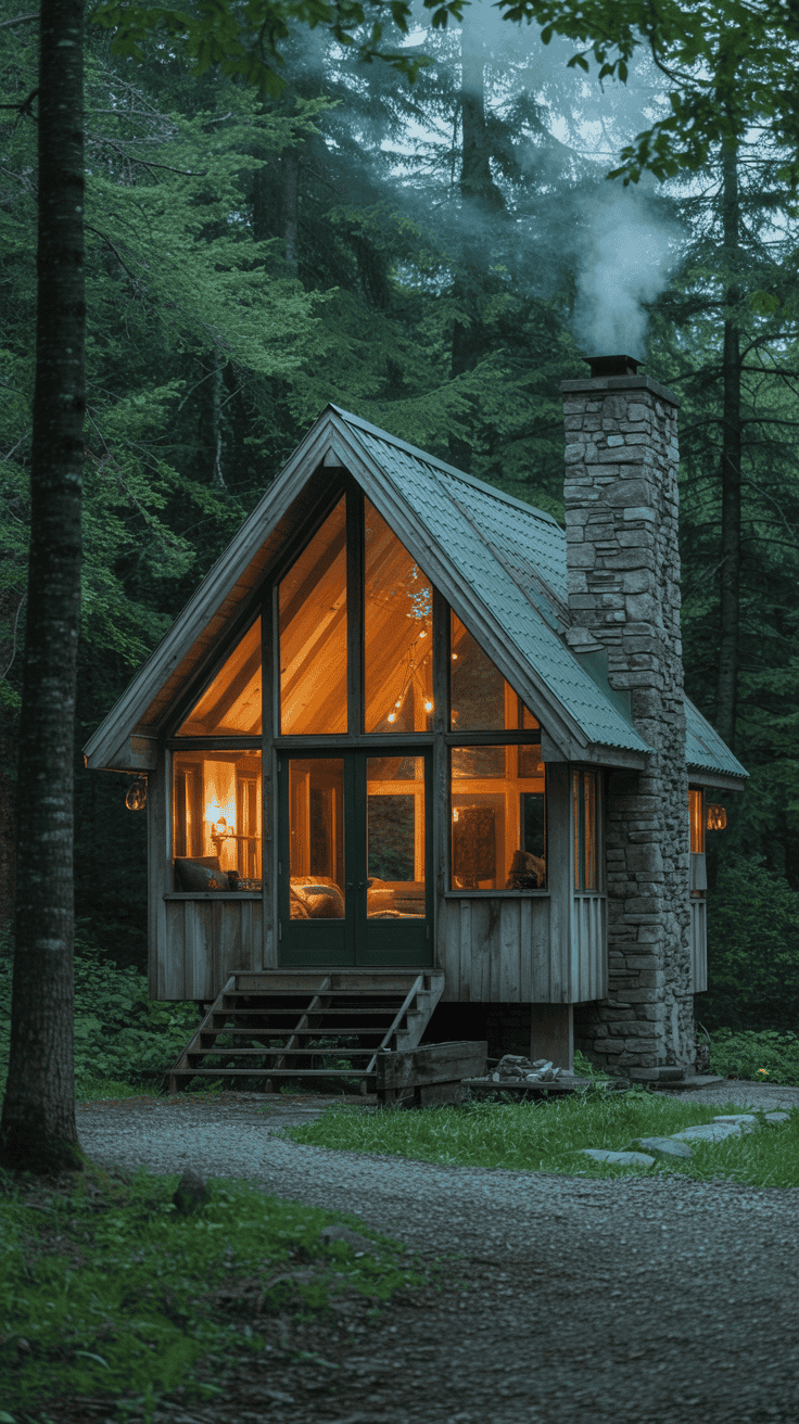 Storybook cabin with stone chimney in a New Hampshire forest, amber interior glow, misty woodland scenery