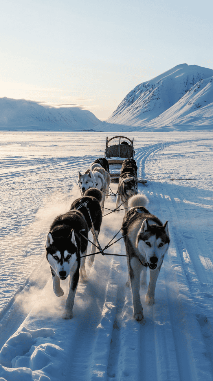 Team of huskies pulling a dog sled across a snowy Svalbard valley.