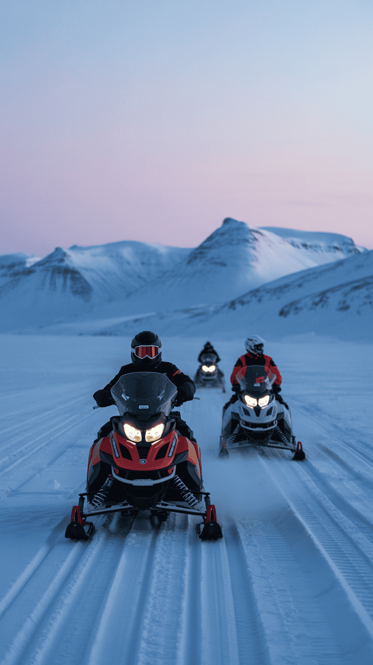 Snowmobiles driving across wide snowy plains in Svalbard’s Arctic wilderness.