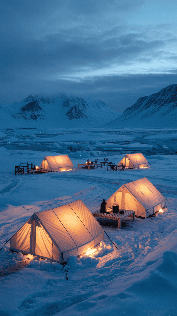 Remote winter camp with heated tents glowing in the snowy Svalbard landscape.