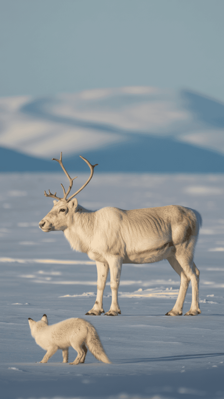 Svalbard reindeer standing in a snowy Arctic landscape with winter mountains.