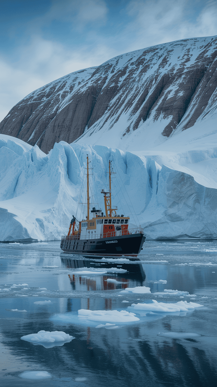 Boat cruising through a frozen fjord surrounded by icy cliffs in Svalbard.