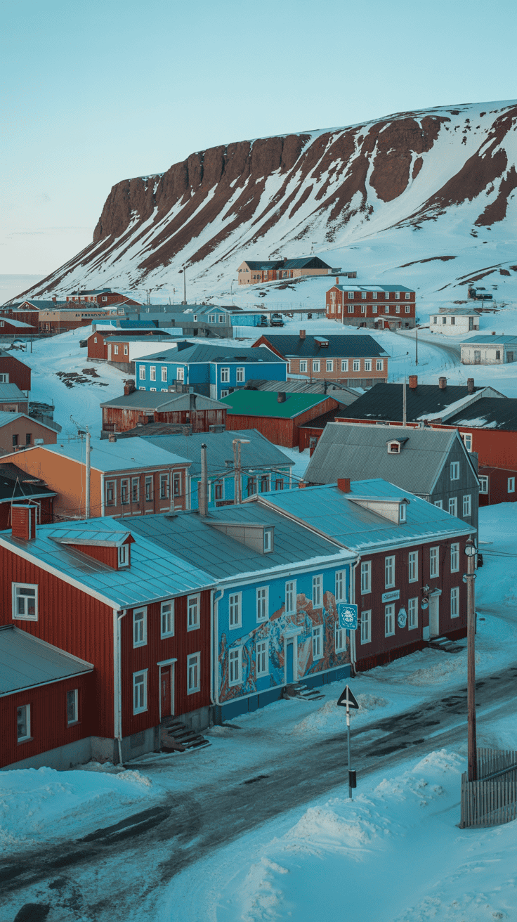 Winter view of Barentsburg, the Russian settlement in Svalbard.